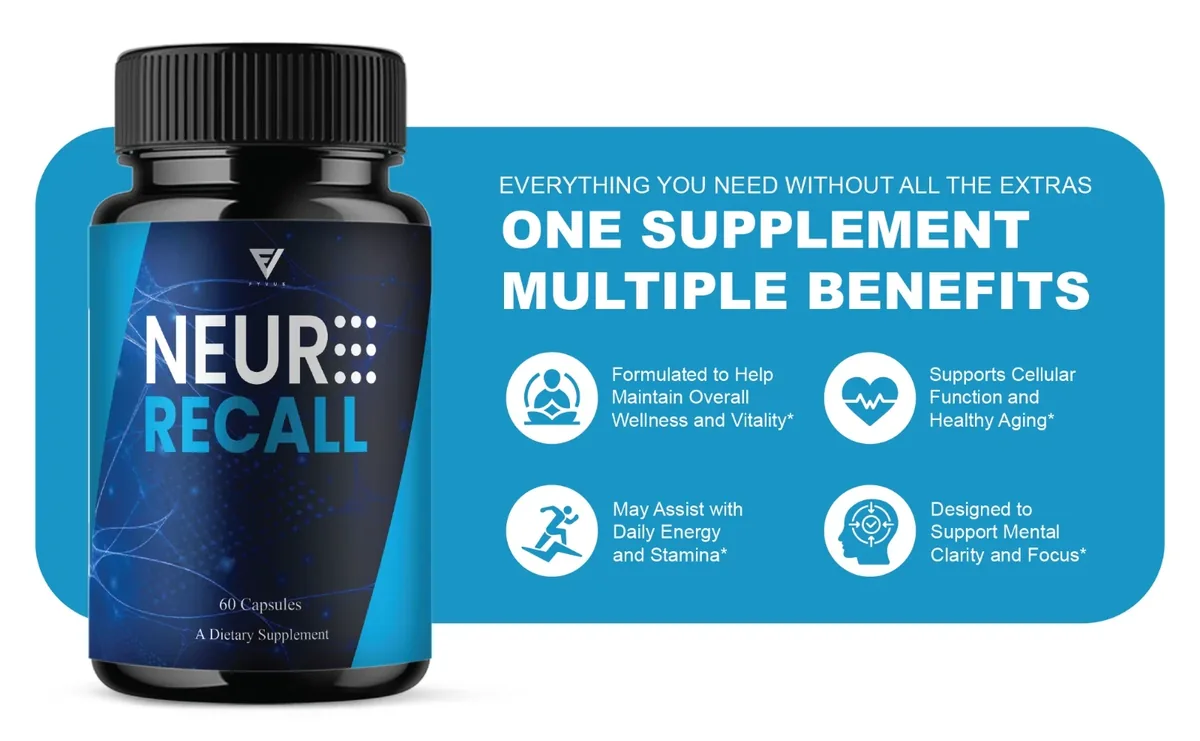 Brand graphic with the Neuro Recall bottle and four claims: wellness and vitality, cellular function and healthy aging, daily energy and stamina, mental clarity and focus