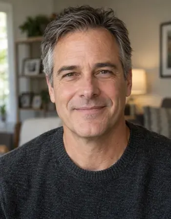 Smiling man in a work shirt outdoors