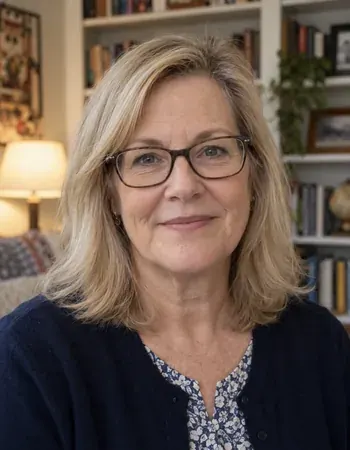 Smiling woman with glasses and shoulder-length blonde hair in front of bookshelves