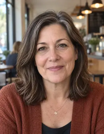 Smiling woman with short hair in a kitchen