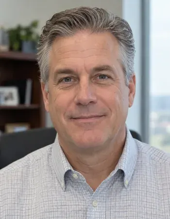 Smiling man with gray hair in a checked shirt in an office