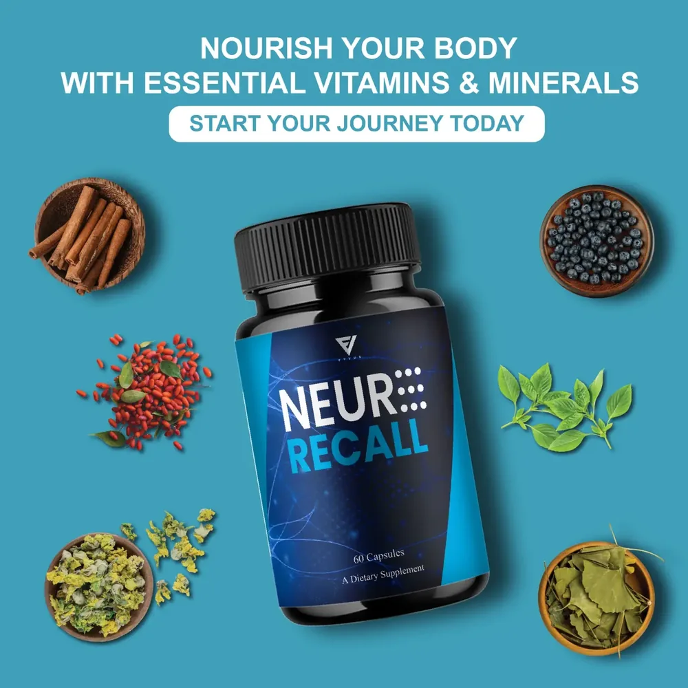 Neuro Recall bottle with bowls of cinnamon sticks, dark berries, red barberries, green leaves, dried marigold flowers and ginkgo leaves