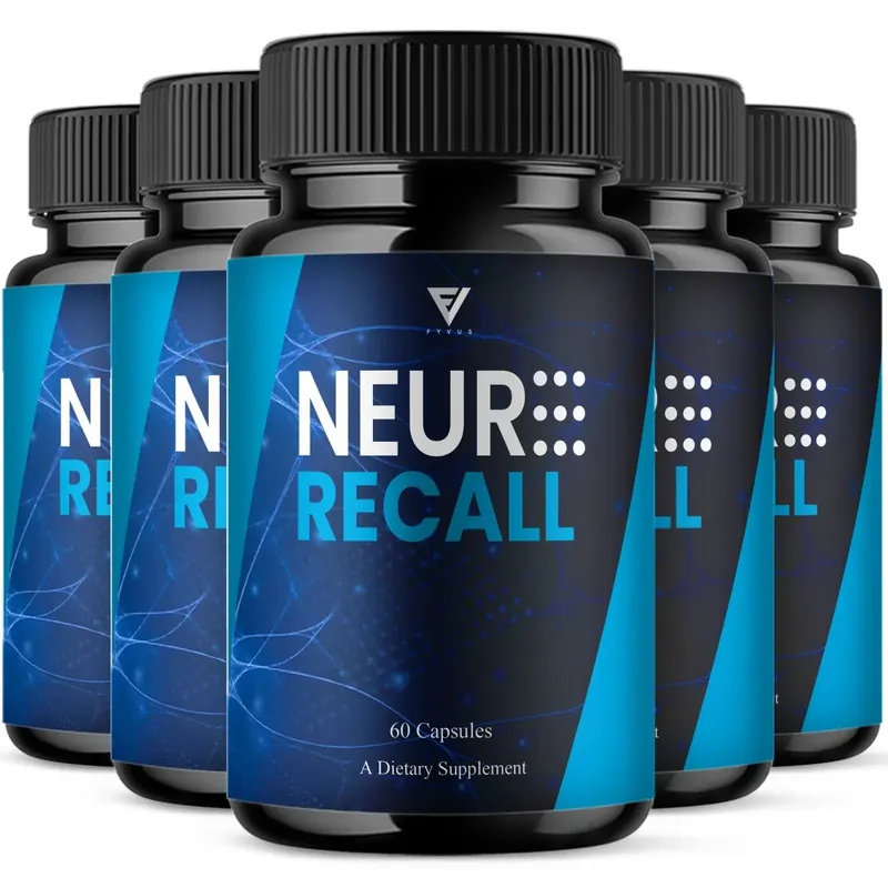 Five Neuro Recall bottles grouped together