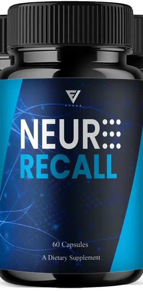 Neuro Recall bottle, black with a blue label: FYVUS, NEURO RECALL, 60 Capsules, A Dietary Supplement